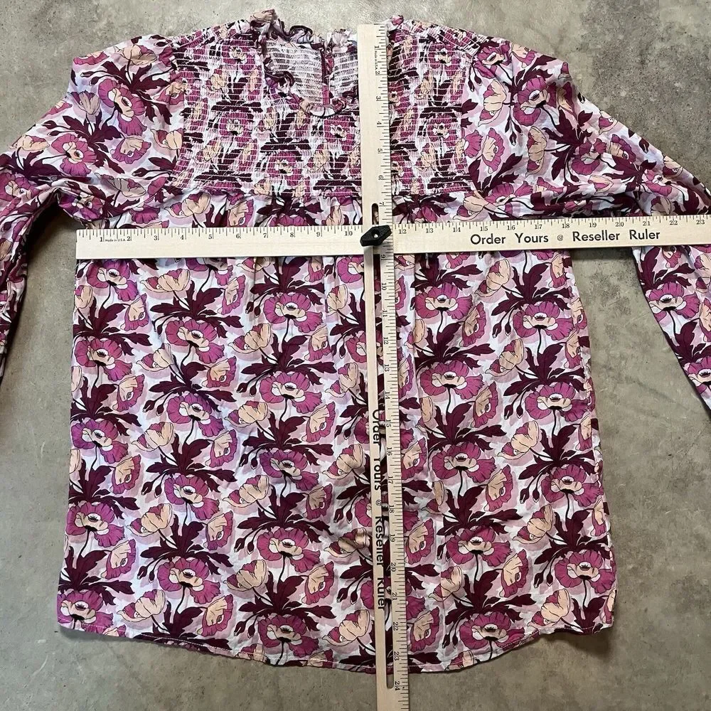 J.Crew Liberty Blouse Womens XS Smocked Button Back Top Bufferfield Poppy Preppy